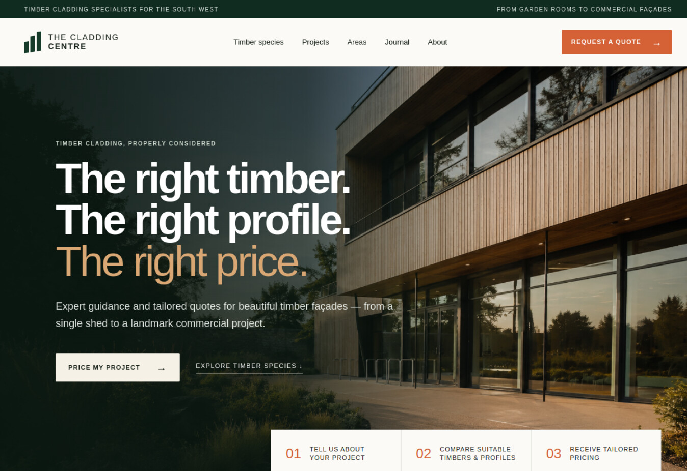 The Cladding Centre website homepage showing a timber-clad building